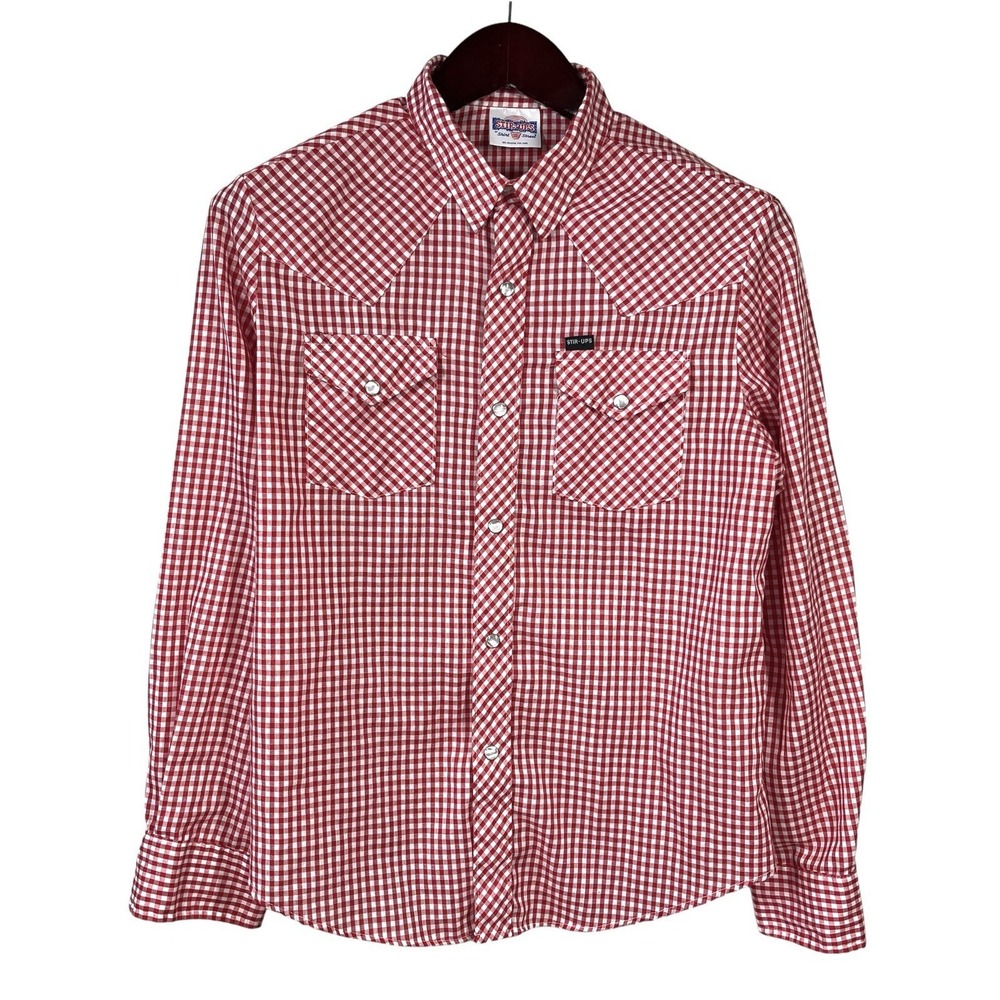 Vintage Stir-Ups Pearl Snap Shirt Mens S Red Gingham Cowboy Rodeo 60s Americana - Picture 2 of 7